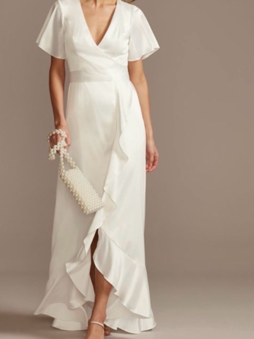 David’s bridal White Satin Wrap Dress with Ruffle Hem